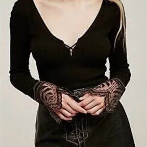 Free People Last Dance Long Sleeve Thermal Lace Cuff Top Size XS Black